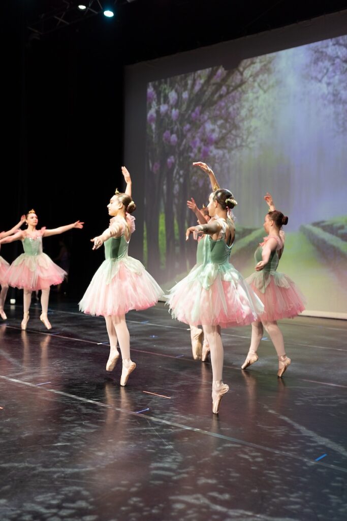 Young ballerinas performing on stage.
