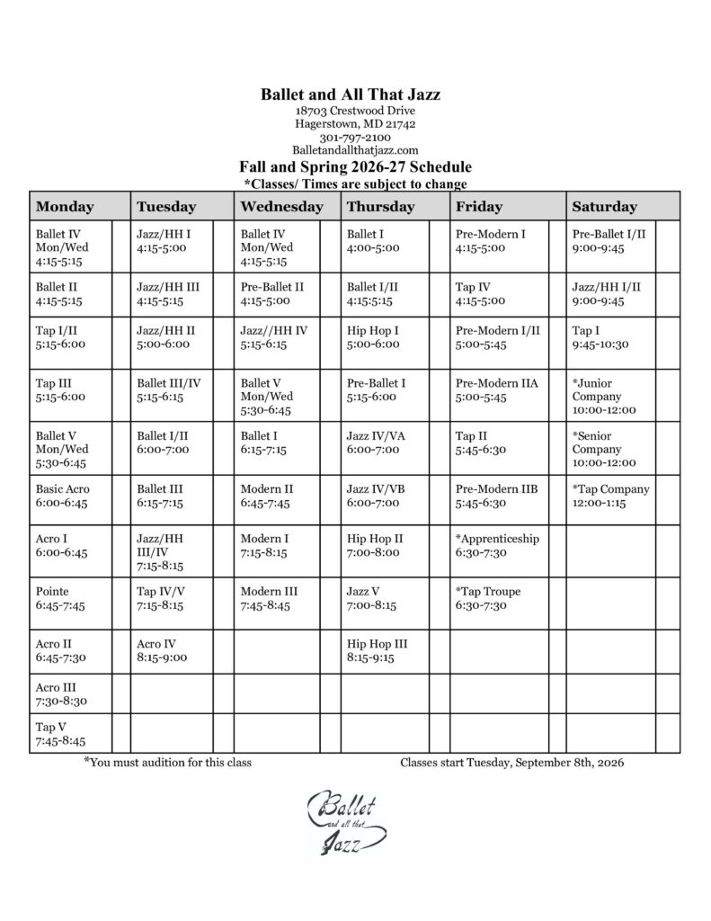 BTJ 2026-2027 Class Schedule
